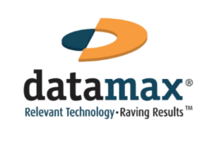 Logo for Datamax, featuring an orange and dark blue abstract shape above the word datamax. Below, the tagline reads: Relevant Technology • Raving Results™ in blue lettering.