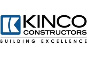Kinco Constructors logo with a blue and white abstract K icon, and the words KINCO CONSTRUCTORS in bold black text above BUILDING EXCELLENCE in black capital letters.