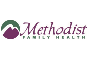 Logo for Methodist Family Health featuring a green and purple mountain graphic on the left, with Methodist in large purple script and FAMILY HEALTH in smaller green capital letters underneath.