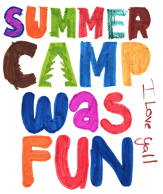 Colorful, hand-drawn letters spell out SUMMER CAMP WAS FUN. The letter A in CAMP is shaped like a pine tree. I love yall is written in red on the right side.
