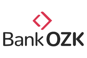 Bank OZK logo with two red diagonal lines forming a diamond shape above the words “Bank OZK” in bold black letters on a white background.