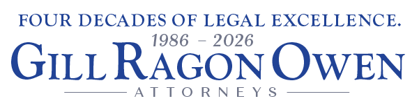 Logo for Gill Ragon Owen Attorneys, featuring the text: Four decades of legal excellence. 1986-2026 Gill Ragon Owen Attorneys in blue on a light background.