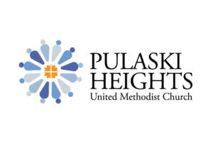 Pulaski Heights United Methodist Church logo with a blue and gray circular design featuring an orange cross at the center, and the church name in black text to the right.