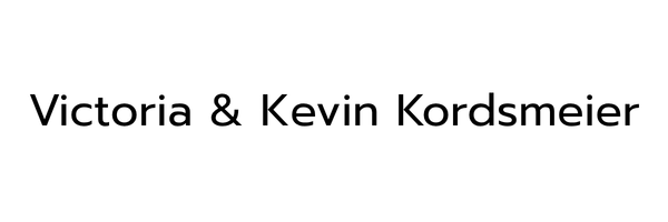 The image displays the names Victoria & Kevin Kordsmeier in black text on a light background.